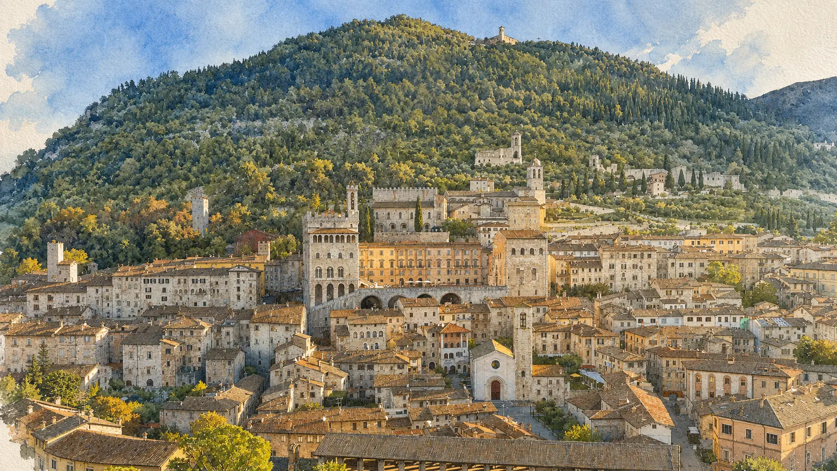 Documentary watercolour panorama of Gubbio rising against Mount Ingino with Palazzo dei Consoli