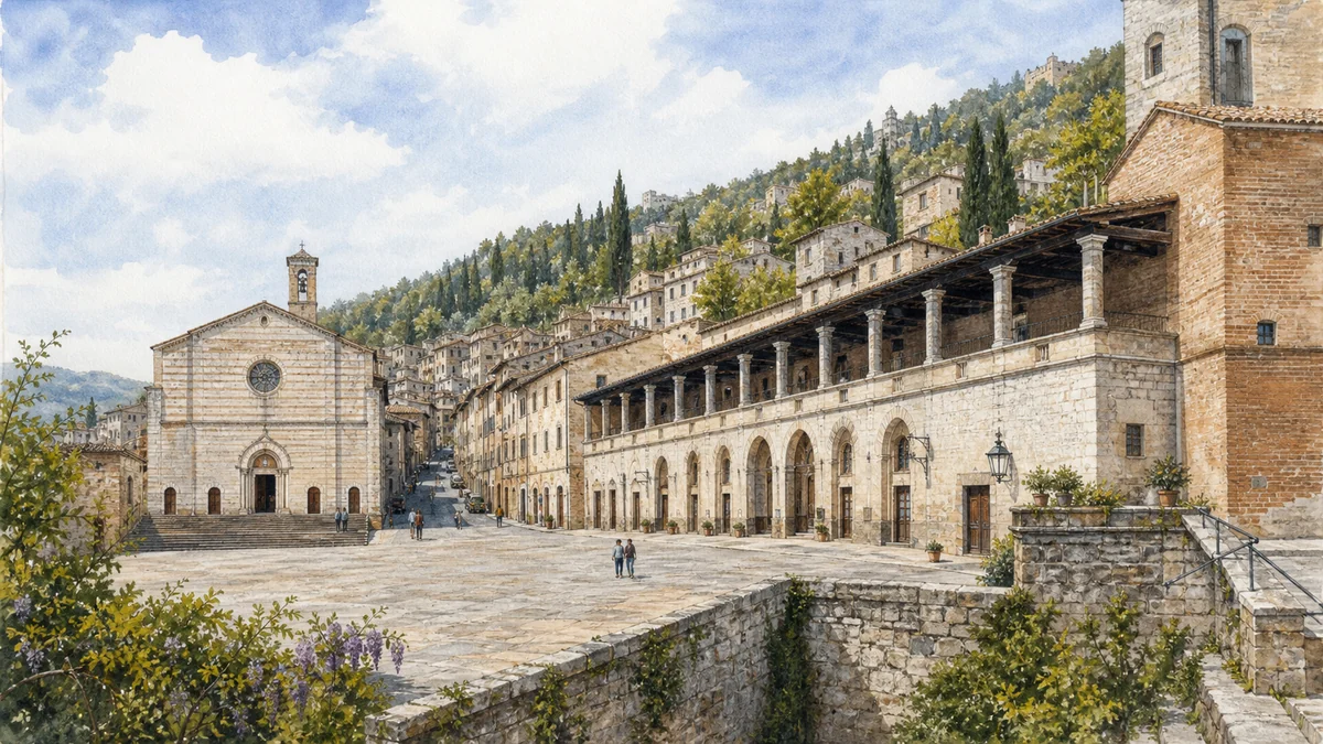Original documentary watercolour of Piazza Quaranta Martiri and the long Logge dei Tiratori in Gubbio