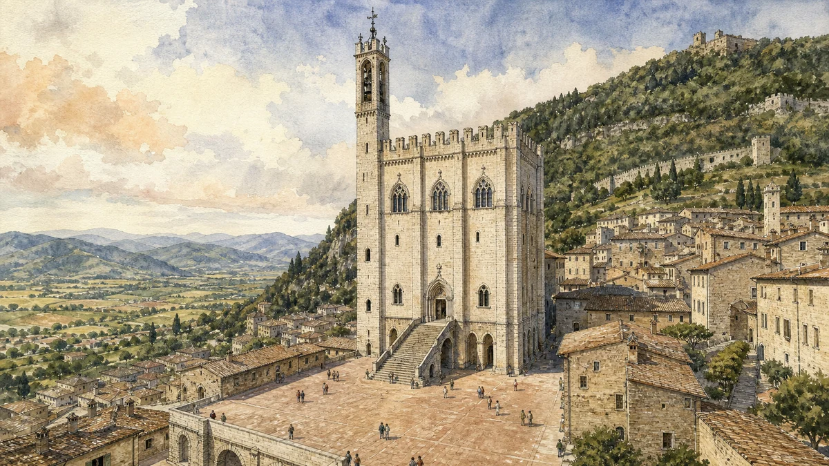 Original documentary watercolour of Palazzo dei Consoli rising vertically from Piazza Grande within Gubbio