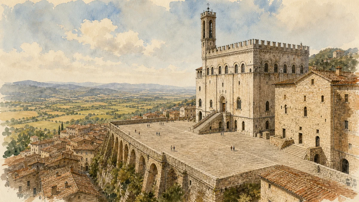 Original documentary watercolour of Piazza Grande as a suspended terrace above Gubbio and the Umbrian valley