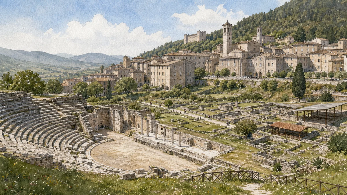 Original documentary watercolour of the Roman Theatre in the Guastuglia plain below Gubbio