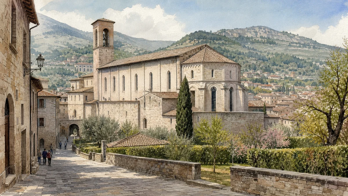 Original documentary watercolour of the Church of San Francesco within the lower streets of Gubbio