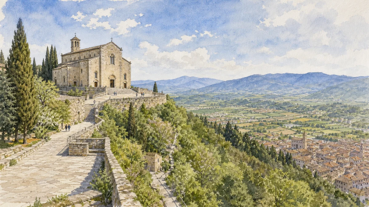 Original documentary watercolour of the Basilica of Sant'Ubaldo on Mount Ingino above Gubbio