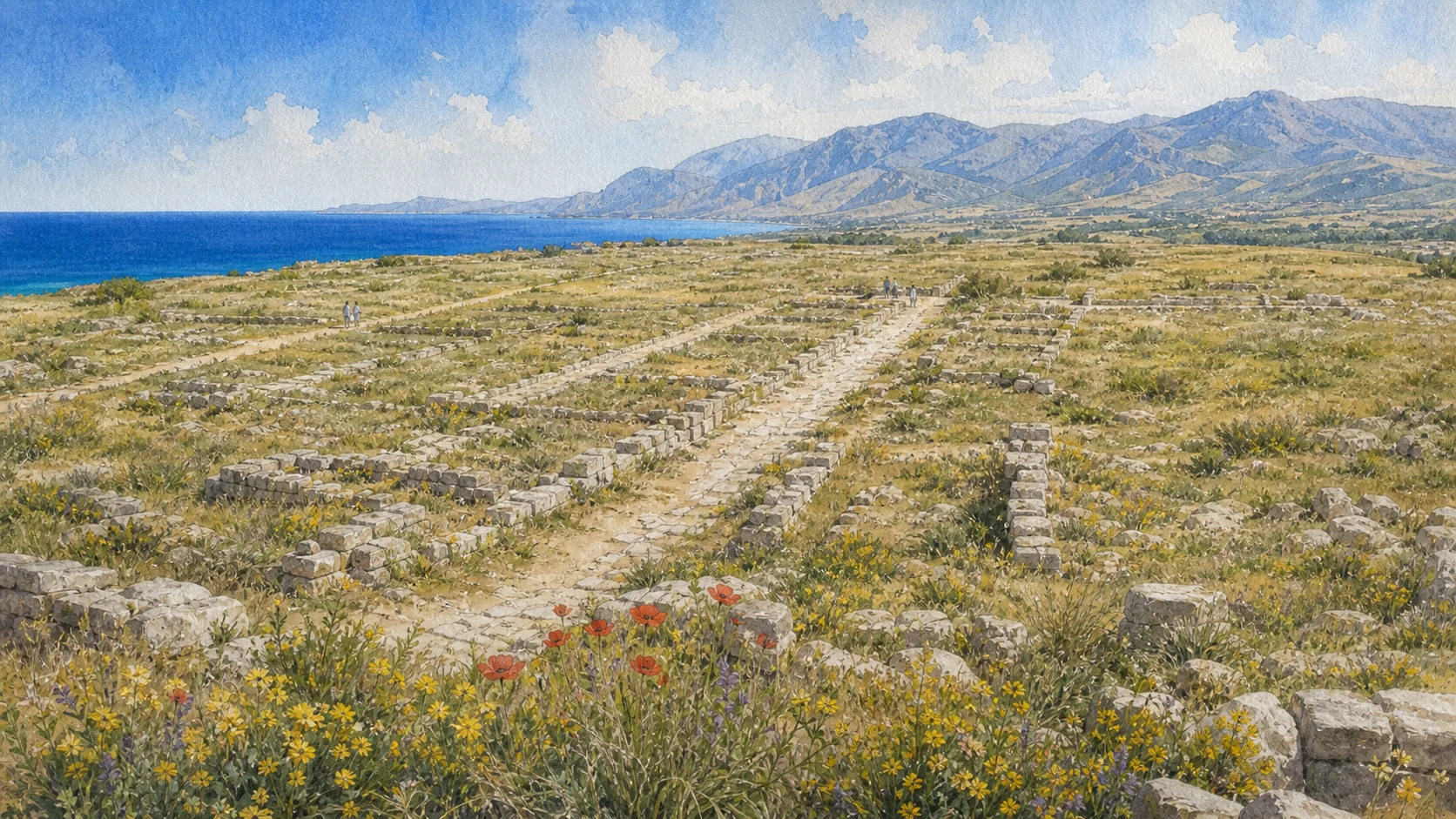 Documentary watercolour of Himera's low upper-city street grid on a broad coastal plateau with spring flowers, sea and mountains
