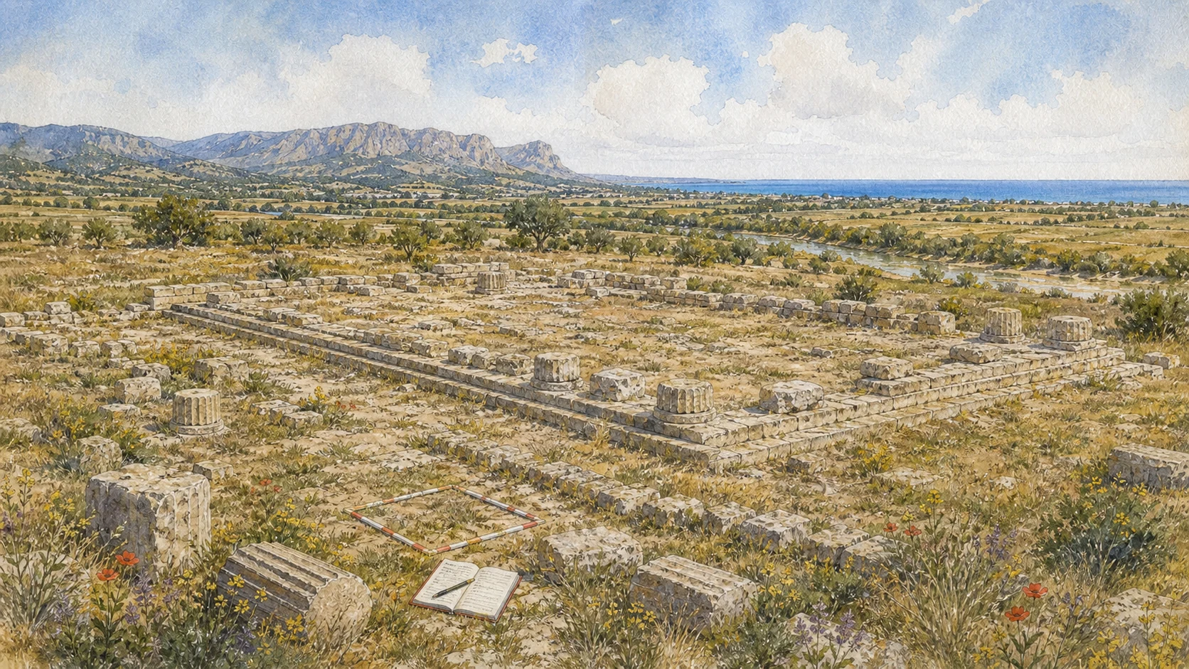 Documentary watercolour of the surviving foundations, column drums and scattered blocks of Himera's Temple of Victory in the lower plain