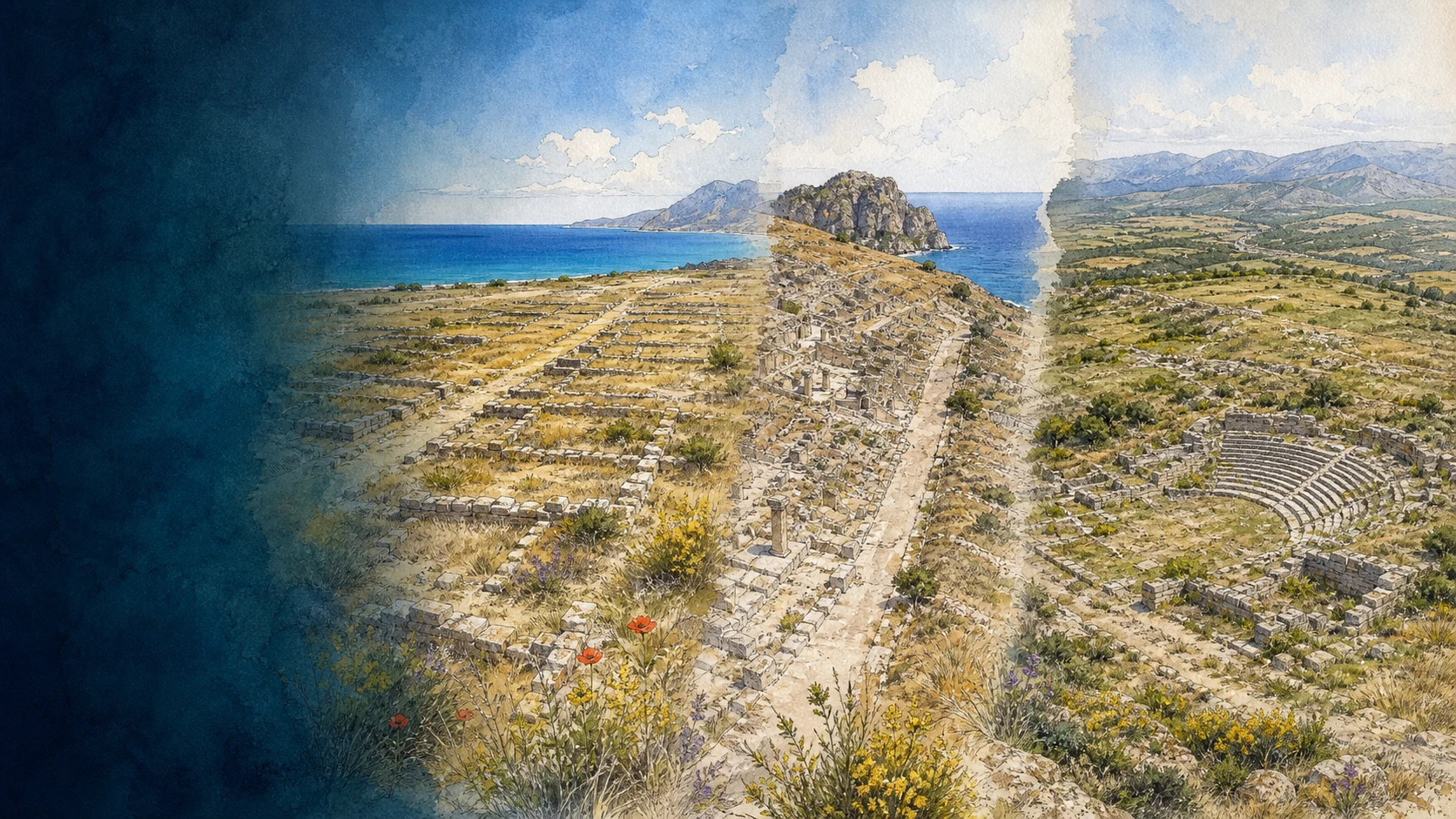 Documentary spring watercolour atlas linking Himera on the coastal plain, Solunto on Monte Catalfano above the sea and Monte Iato on its high inland plateau