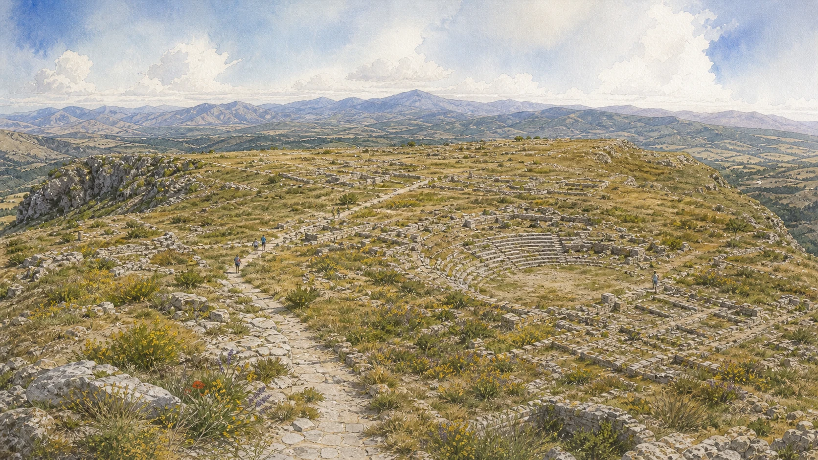 Documentary watercolour of Monte Iato's high archaeological plateau with the low Hellenistic theatre, paths and the inland Belìce mountains