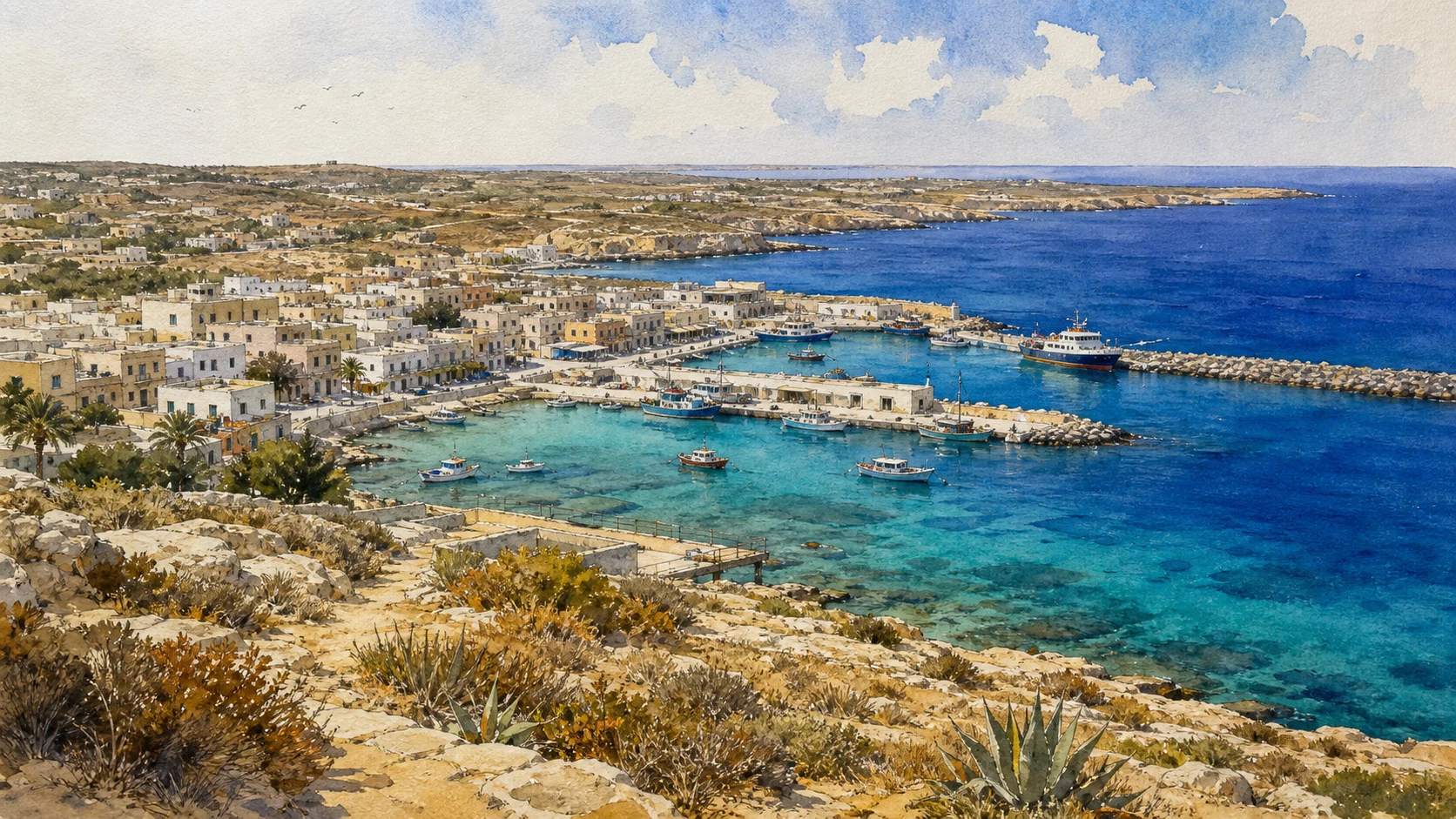 Documentary watercolour of low Lampedusa town and harbour basins with fishing boats, a small ferry and turquoise water
