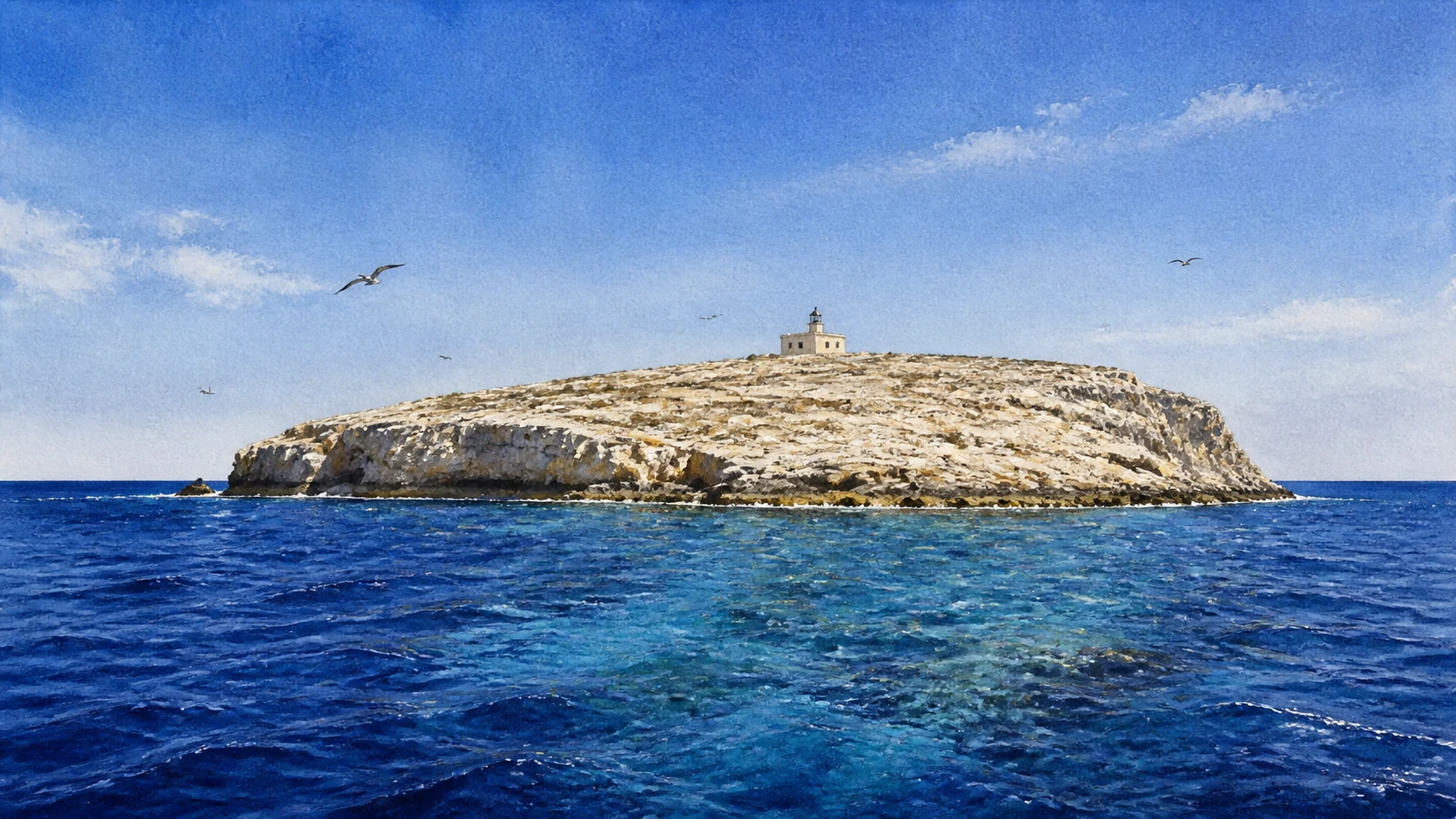 Documentary watercolour of the small pale island of Lampione with its modest lighthouse in the open deep-blue Mediterranean