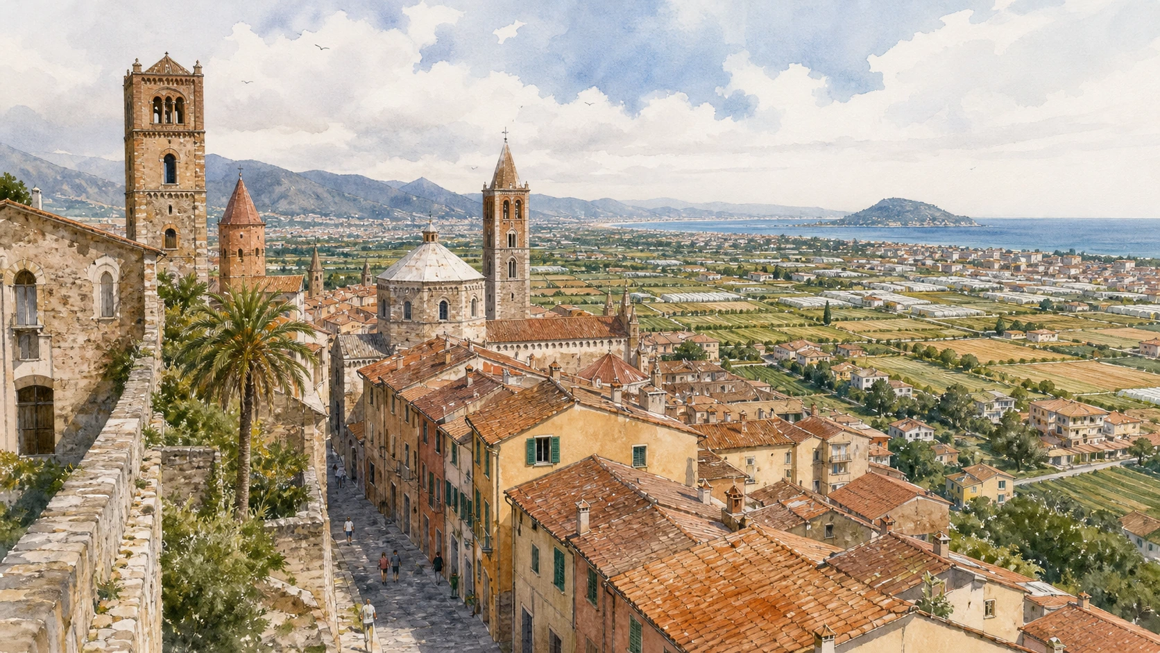 Albenga and its Roman Plain: Complete Guide 1 Original documentary watercolour panorama for Albenga and its Roman Plain: Complete Guide, with accurate Ligurian architecture, landscape and lived context