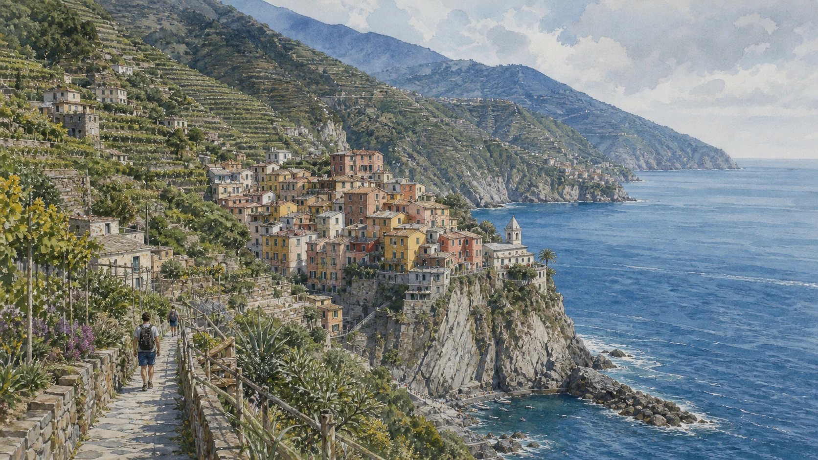 Original documentary watercolour panorama for Cinque Terre: Complete Guide, with accurate Ligurian architecture, landscape and lived context