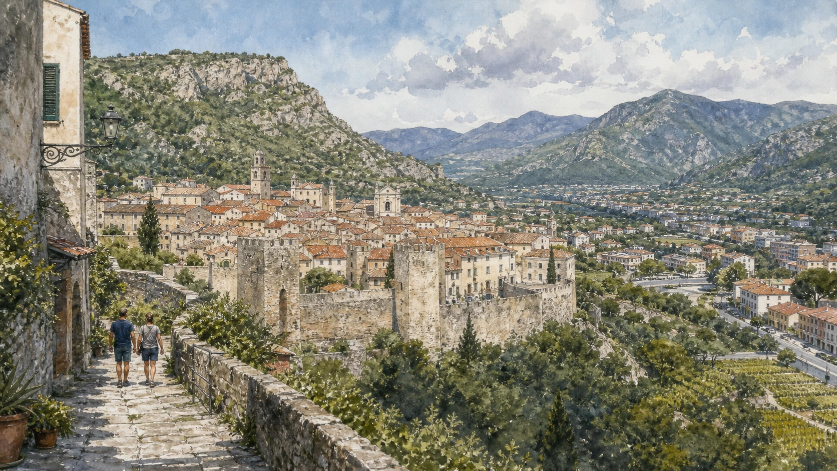 Original documentary watercolour panorama for Finalborgo and the Finalese: Complete Guide, with accurate Ligurian architecture, landscape and lived context