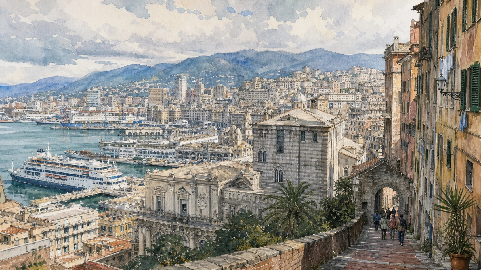 Original documentary watercolour panorama for Genoa: Complete Guide, with accurate Ligurian architecture, landscape and lived context