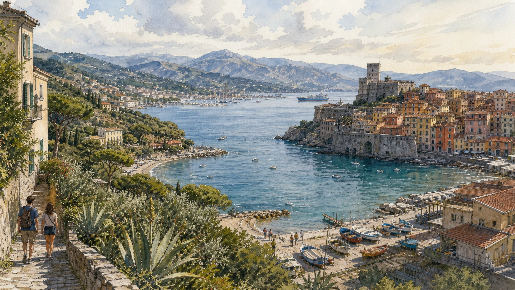 Lerici and the Gulf of Poets: Complete Guide 1 Original documentary watercolour panorama for Lerici and the Gulf of Poets: Complete Guide, with accurate Ligurian architecture, landscape and lived context