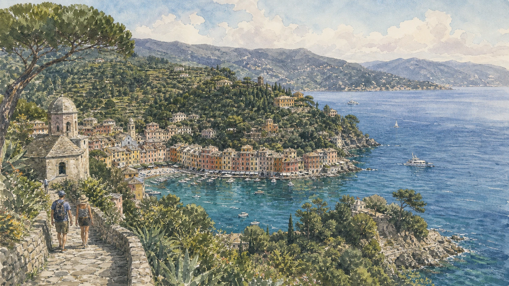Portofino Promontory: Complete Guide 1 Original documentary watercolour panorama for Portofino Promontory: Complete Guide, with accurate Ligurian architecture, landscape and lived context