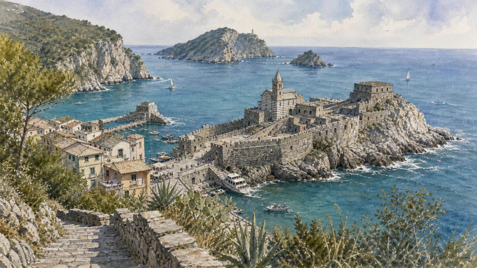 Original documentary watercolour panorama for Portovenere and the Islands: Complete Guide, with accurate Ligurian architecture, landscape and lived context