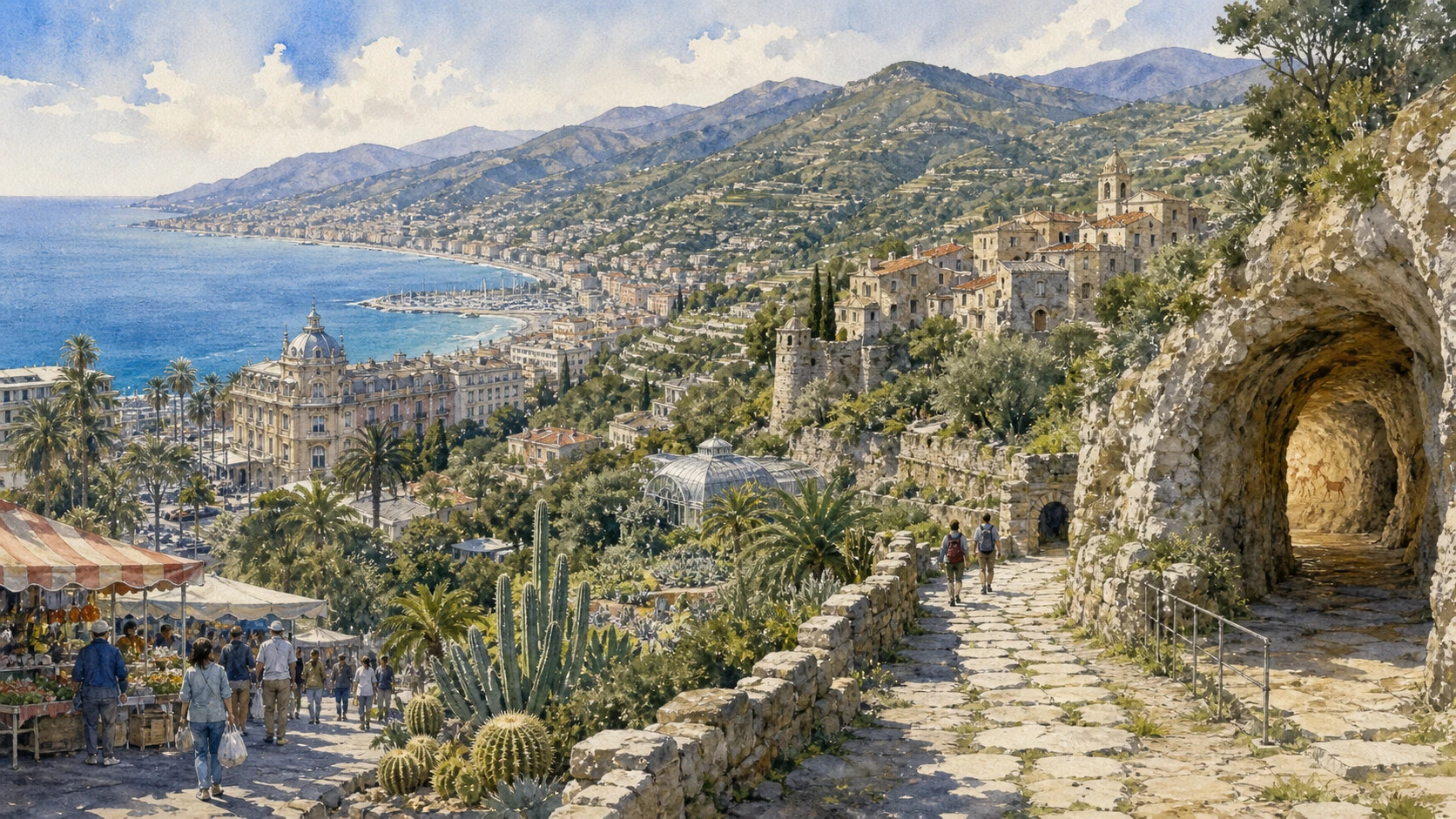 Original documentary watercolour panorama for Sanremo and the Western Riviera: Complete Guide, with accurate Ligurian architecture, landscape and lived context