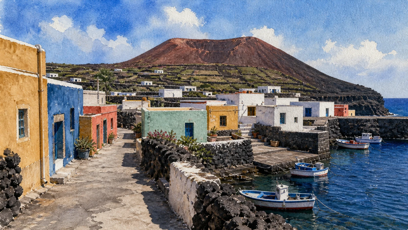 Documentary watercolour of Linosa's coloured low houses, black lava walls, fishing boats and a red-brown volcanic cone
