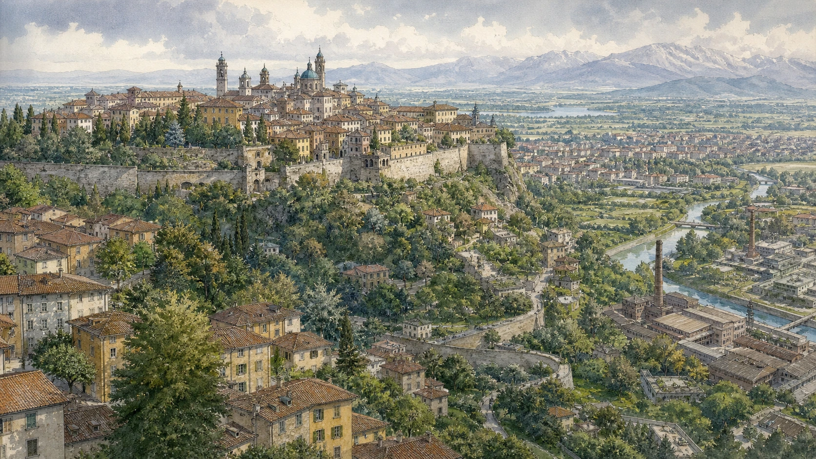 Original documentary watercolour panorama for Bergamo and Crespi d'Adda: Complete Guide, with accurate Lombardy architecture, landscape and lived context