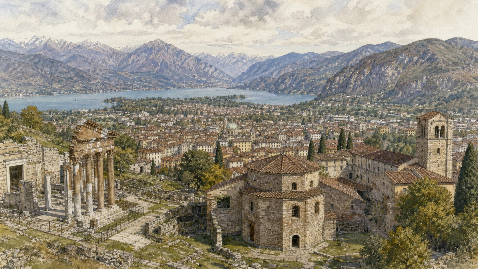Original documentary watercolour panorama for Brescia, Lake Iseo, Western Garda and Valcamonica: Complete Guide, with accurate Lombardy architecture, landscape and lived context