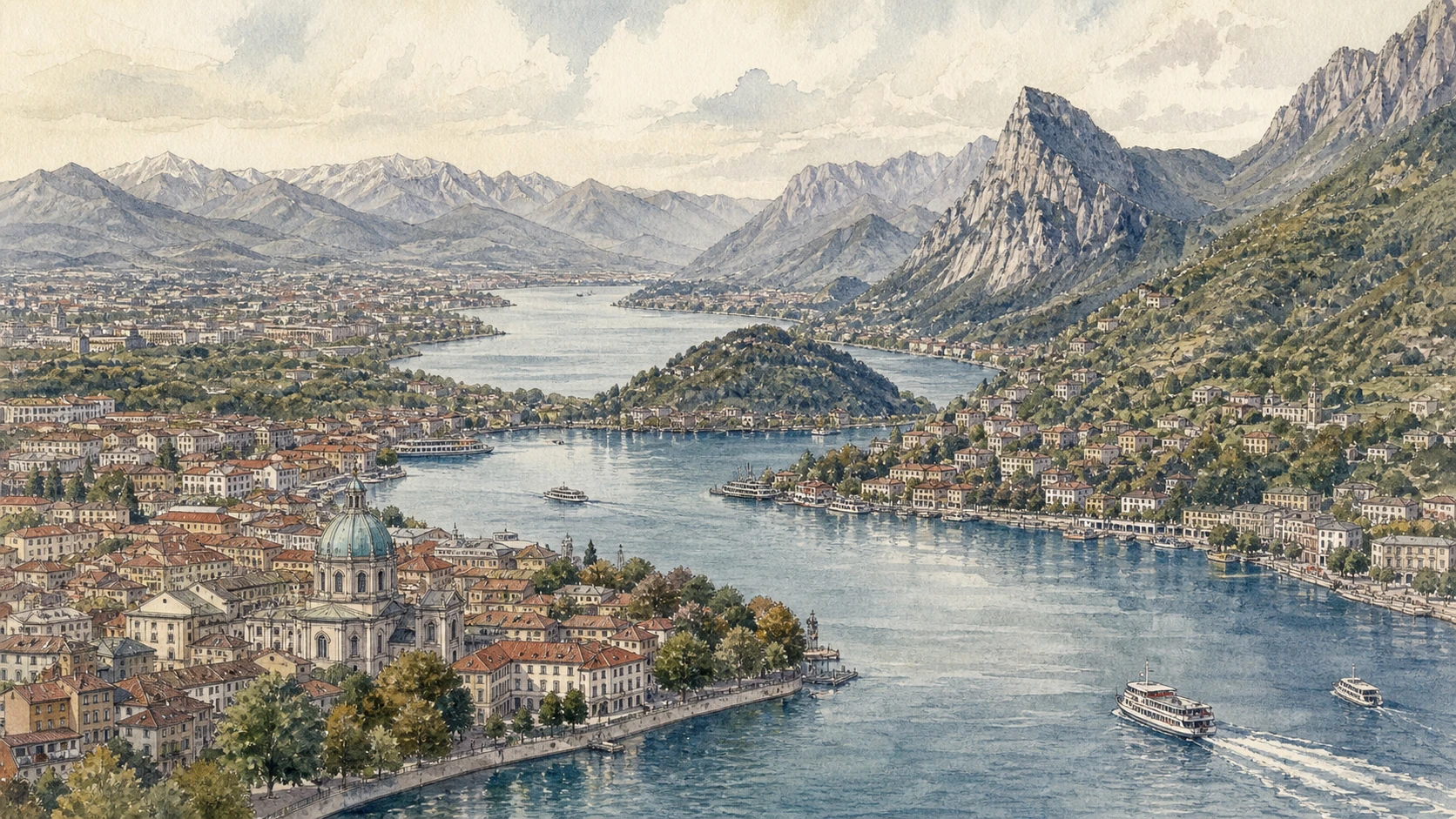 Original documentary watercolour panorama for Lake Como, Lecco, Monza and Brianza: Complete Guide, with accurate Lombardy architecture, landscape and lived context