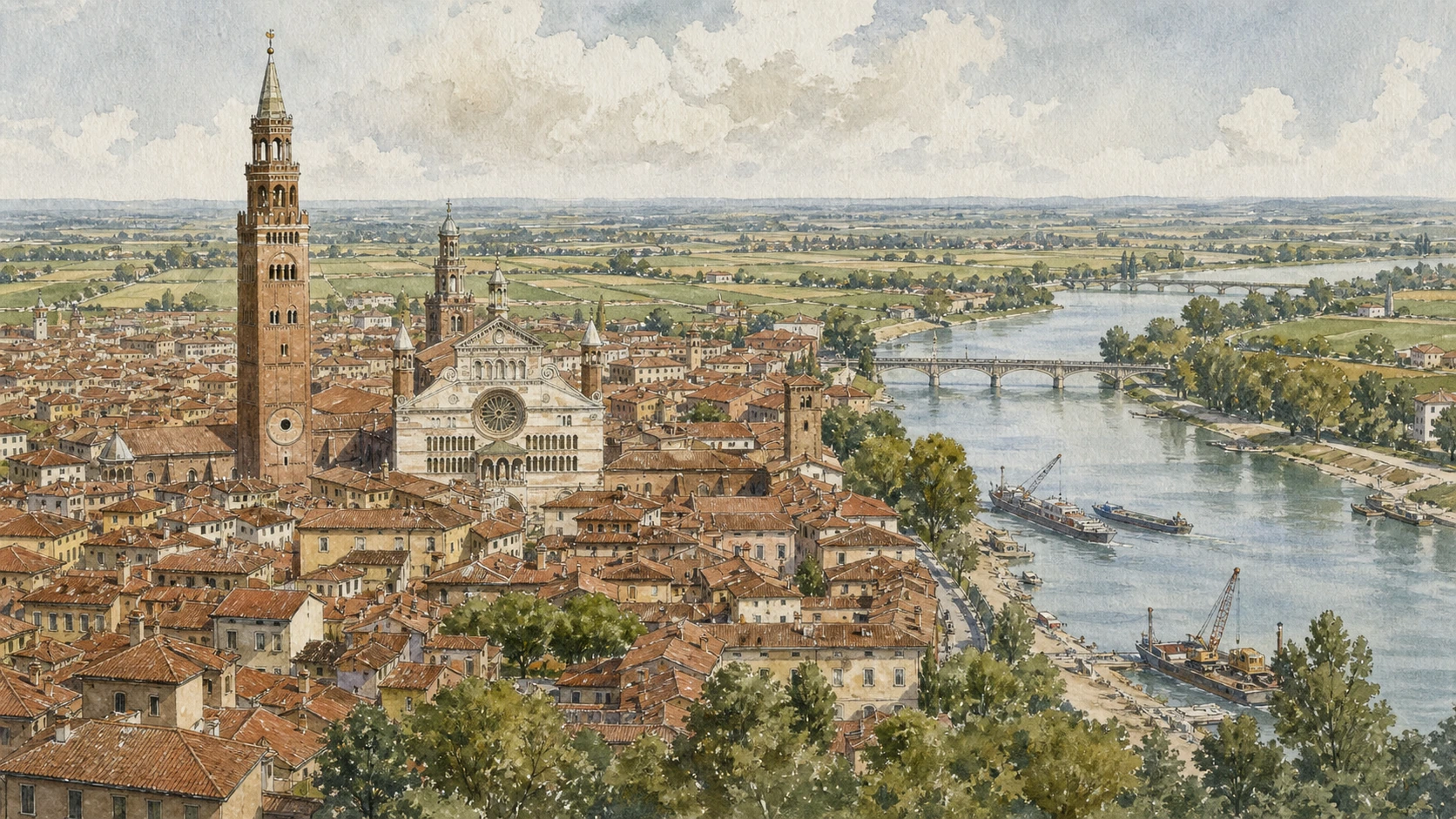Original documentary watercolour panorama for Cremona and the Lower Po: Complete Guide, with accurate Lombardy architecture, landscape and lived context
