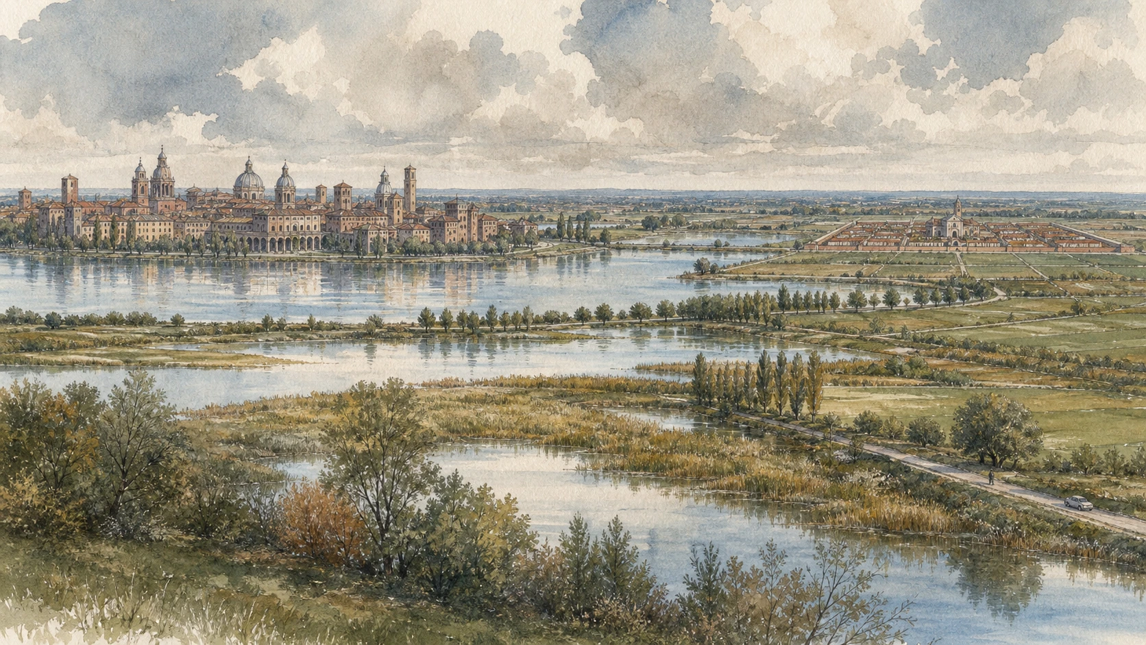 Original documentary watercolour panorama for Mantua and Sabbioneta: Complete Guide, with accurate Lombardy architecture, landscape and lived context