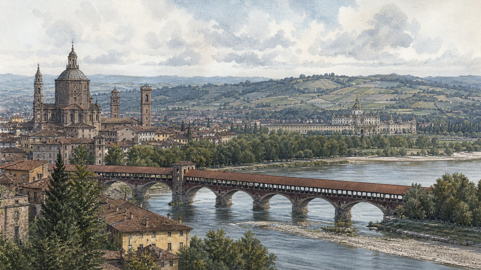 Original documentary watercolour panorama for Pavia, the Certosa and Oltrepò Pavese: Complete Guide, with accurate Lombardy architecture, landscape and lived context
