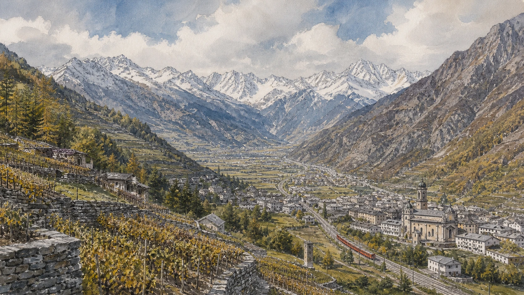 Original documentary watercolour panorama for Valtellina, Tirano and the Stelvio Landscapes: Complete Guide, with accurate Lombardy architecture, landscape and lived context