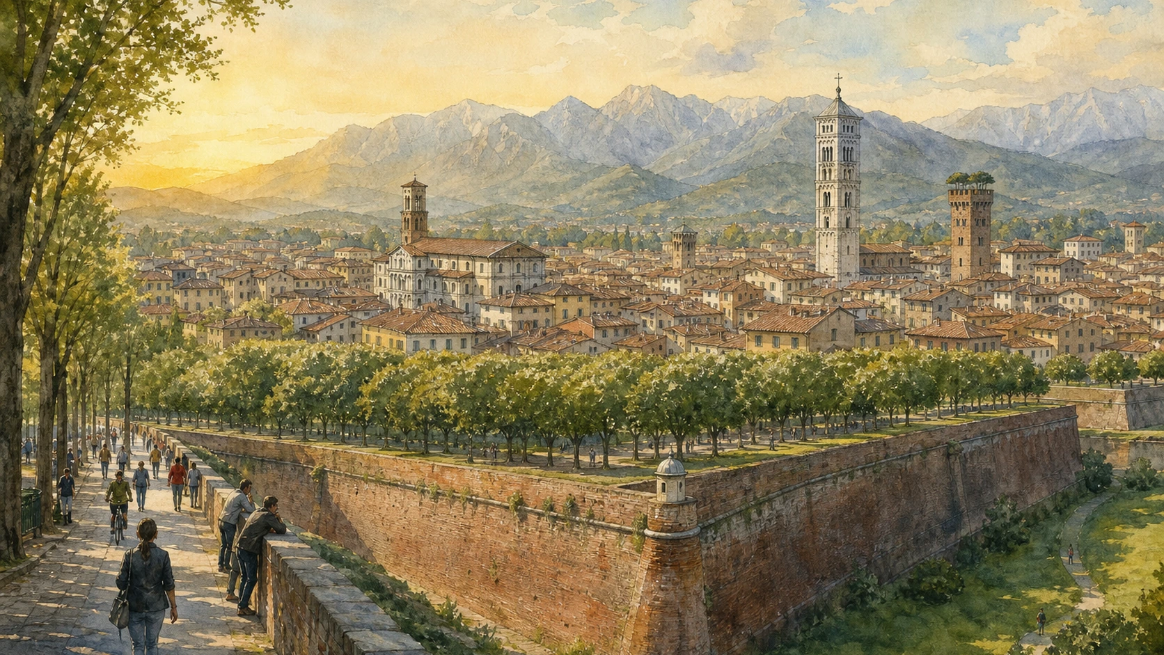 Original documentary watercolour panorama of Lucca within its tree-lined walls and mountain landscape
