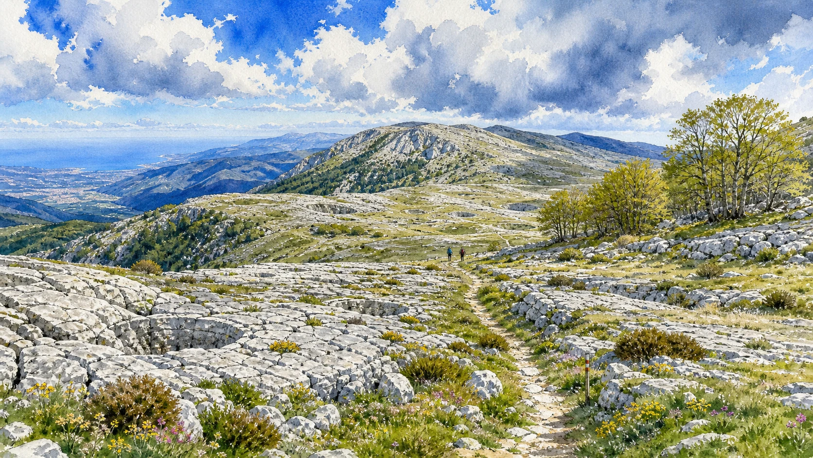Documentary watercolour of the Madonie karst plateau with limestone pavement, dolines, beech trees and a footpath toward Pizzo Carbonara