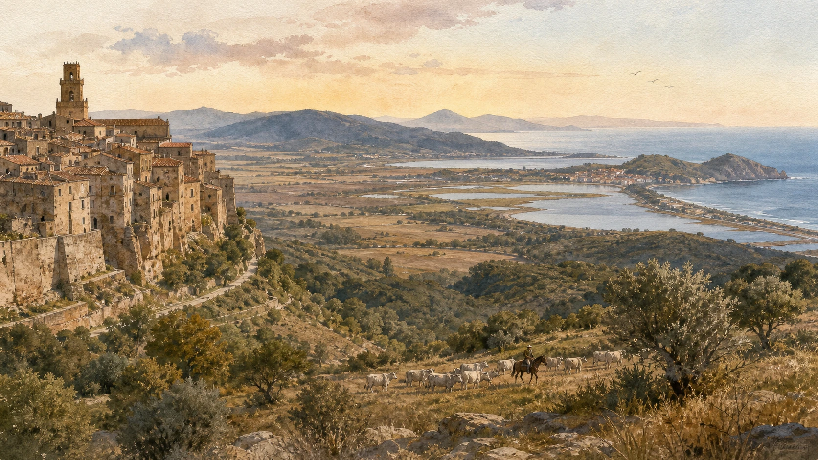 Original documentary watercolour panorama joining a Maremma tuff town, cattle pasture, wetland, lagoon and Tyrrhenian coast
