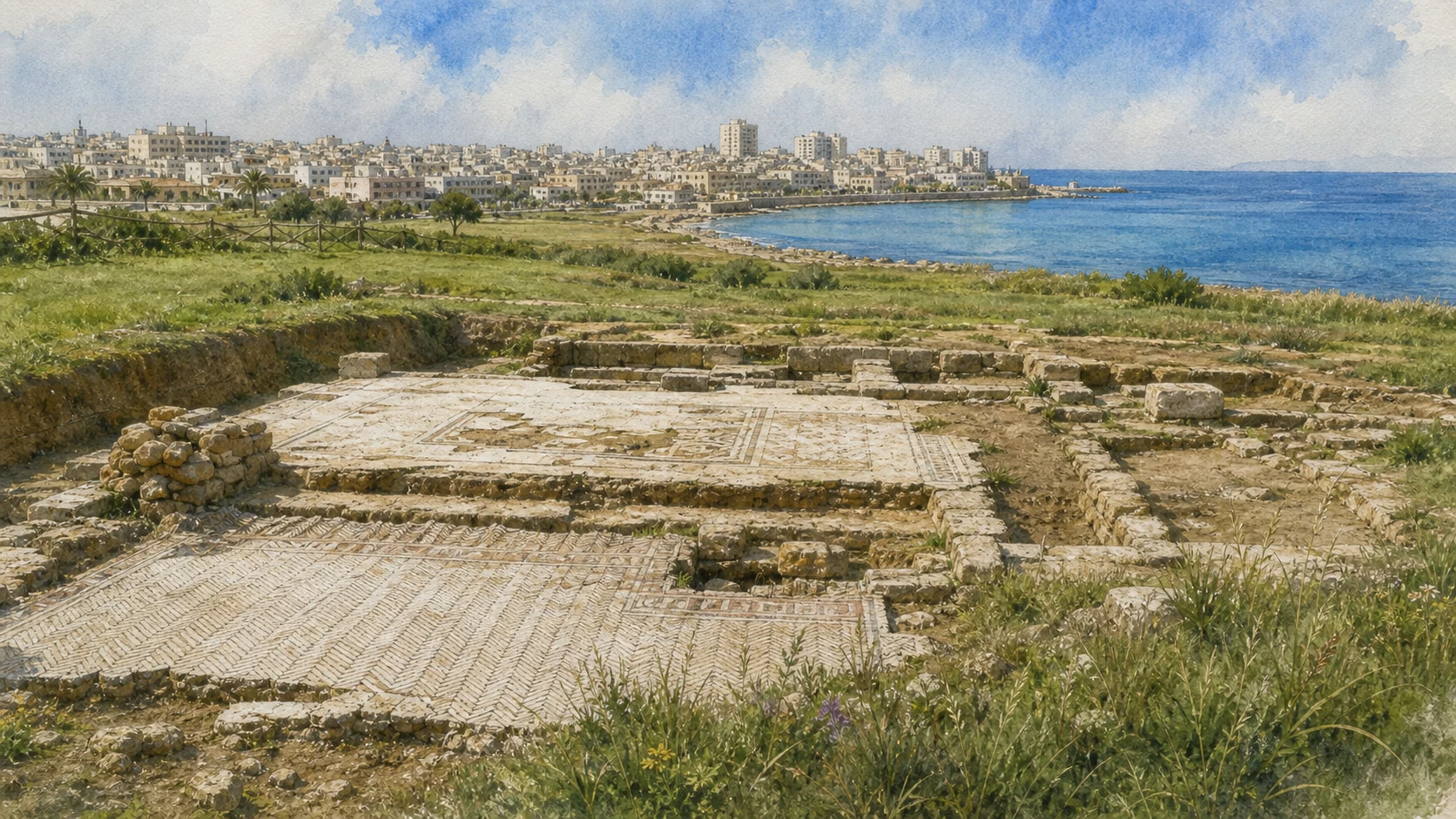 Documentary watercolour of the Lilibeo archaeological park at Capo Boeo with low Roman walls, geometric mosaic pavement, modern Marsala and the sea beyond