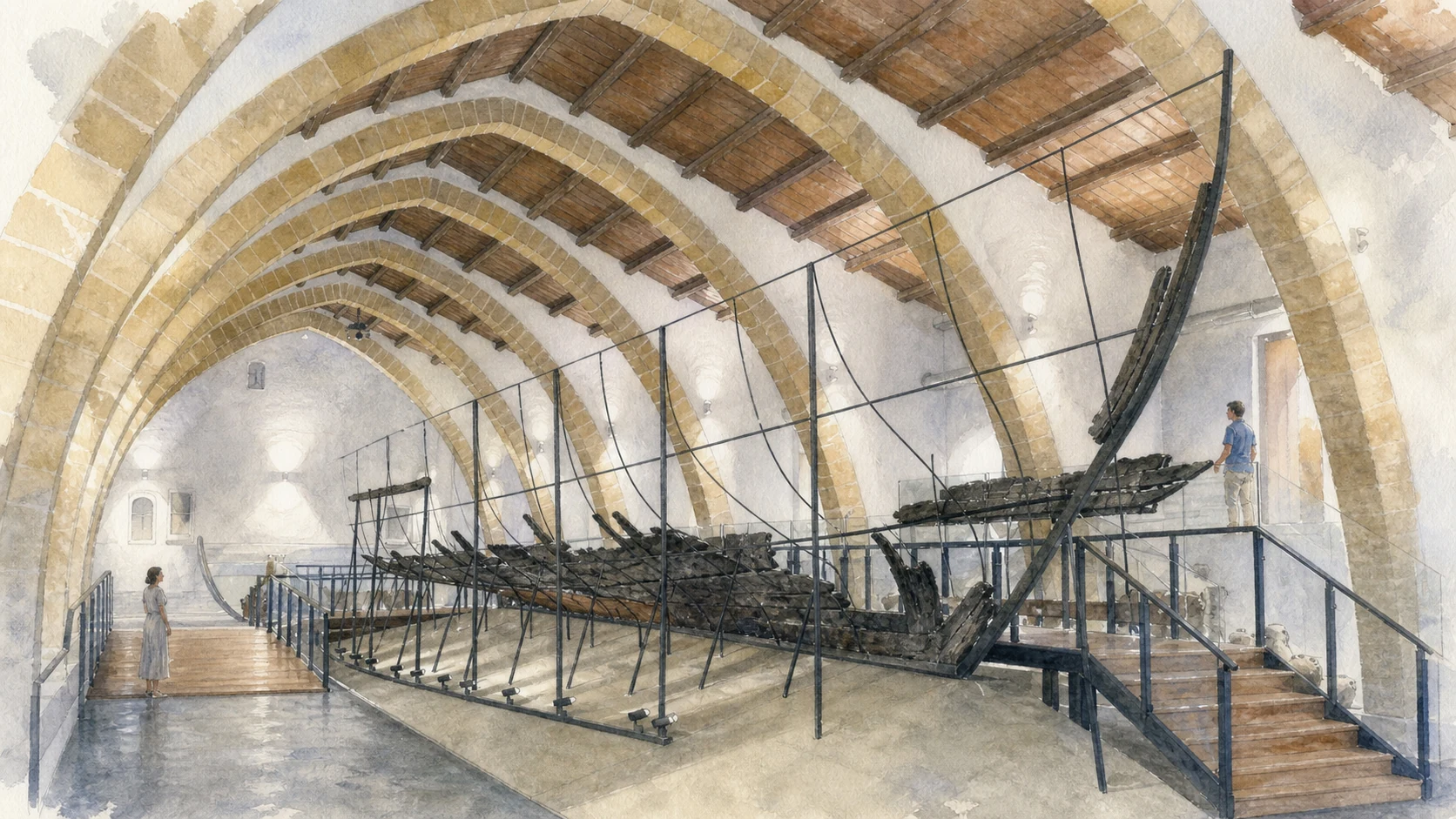 Documentary watercolour inside Baglio Anselmi showing the conserved dark timber remains of the Punic ship on a modern support cradle beneath pale stone arches