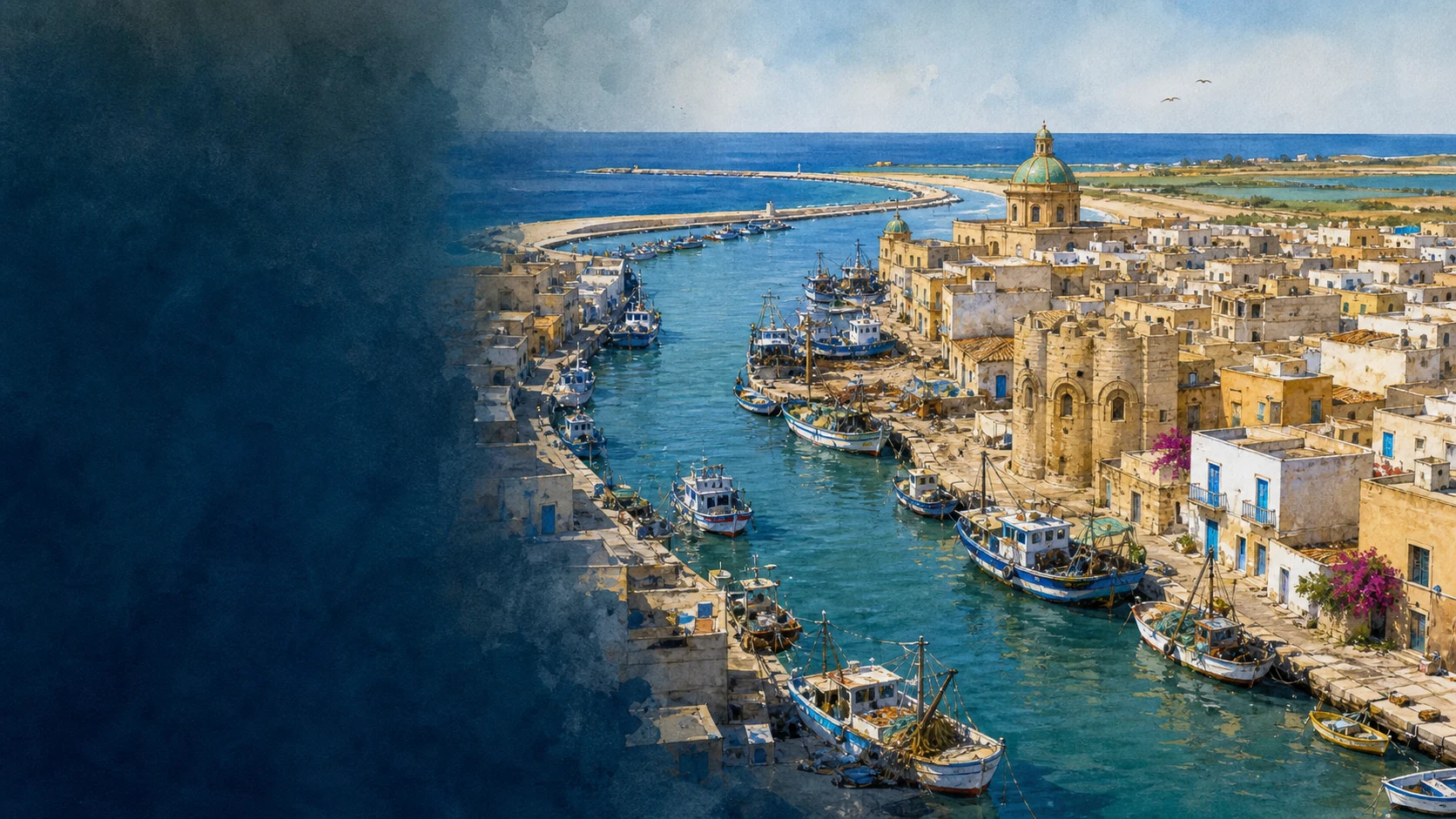 Documentary spring watercolour of Mazara del Vallo showing the Mazaro river port, old city, cathedral dome, San Nicolo Regale and the Mediterranean horizon toward Tunisia
