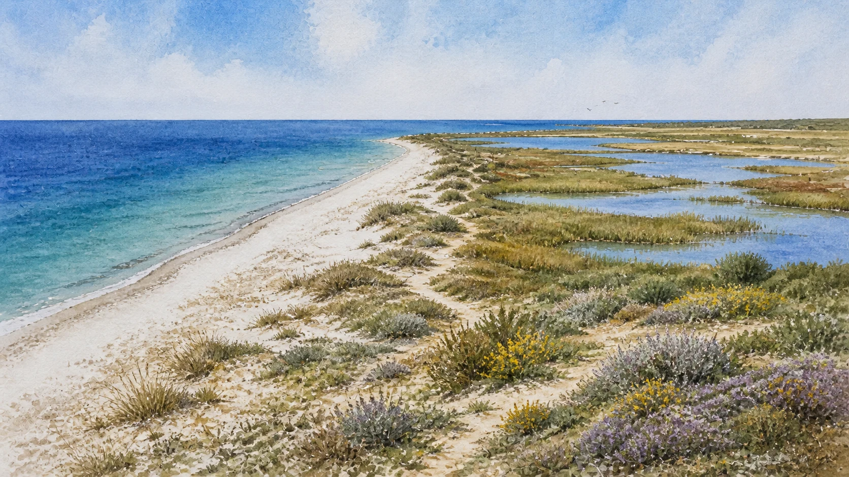 Documentary watercolour of Capo Feto's flat sandy coast with turquoise sea, low dunes, seasonal pools, reeds and small spring flowers