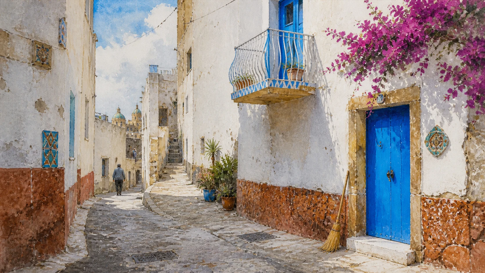 Documentary watercolour of a narrow lived lane in Mazara del Vallo's Casbah with white walls, a blue door, ceramic details and spring bougainvillea
