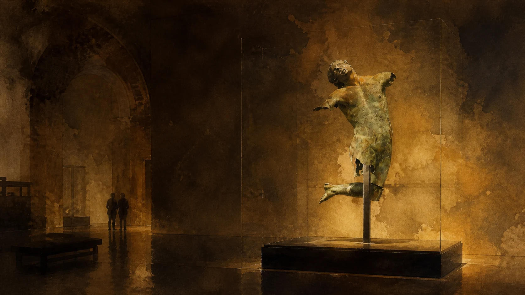 Documentary watercolour of the fragmentary Dancing Satyr displayed on a discreet support in the dark amber gallery of Mazara's museum