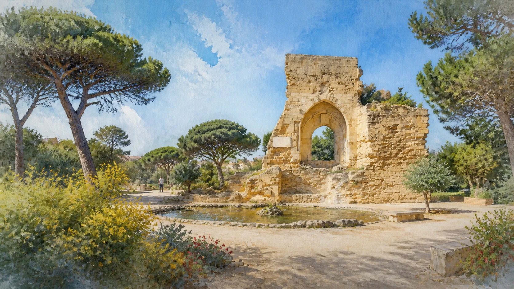 Documentary watercolour of Mazara del Vallo's surviving Norman Arch as a modest warm-stone fragment beside a shallow fountain and umbrella pines