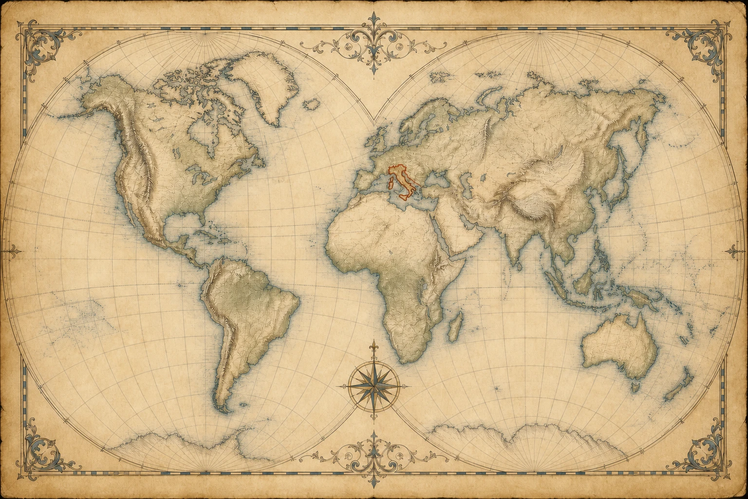 Illustrated world atlas with Italy highlighted