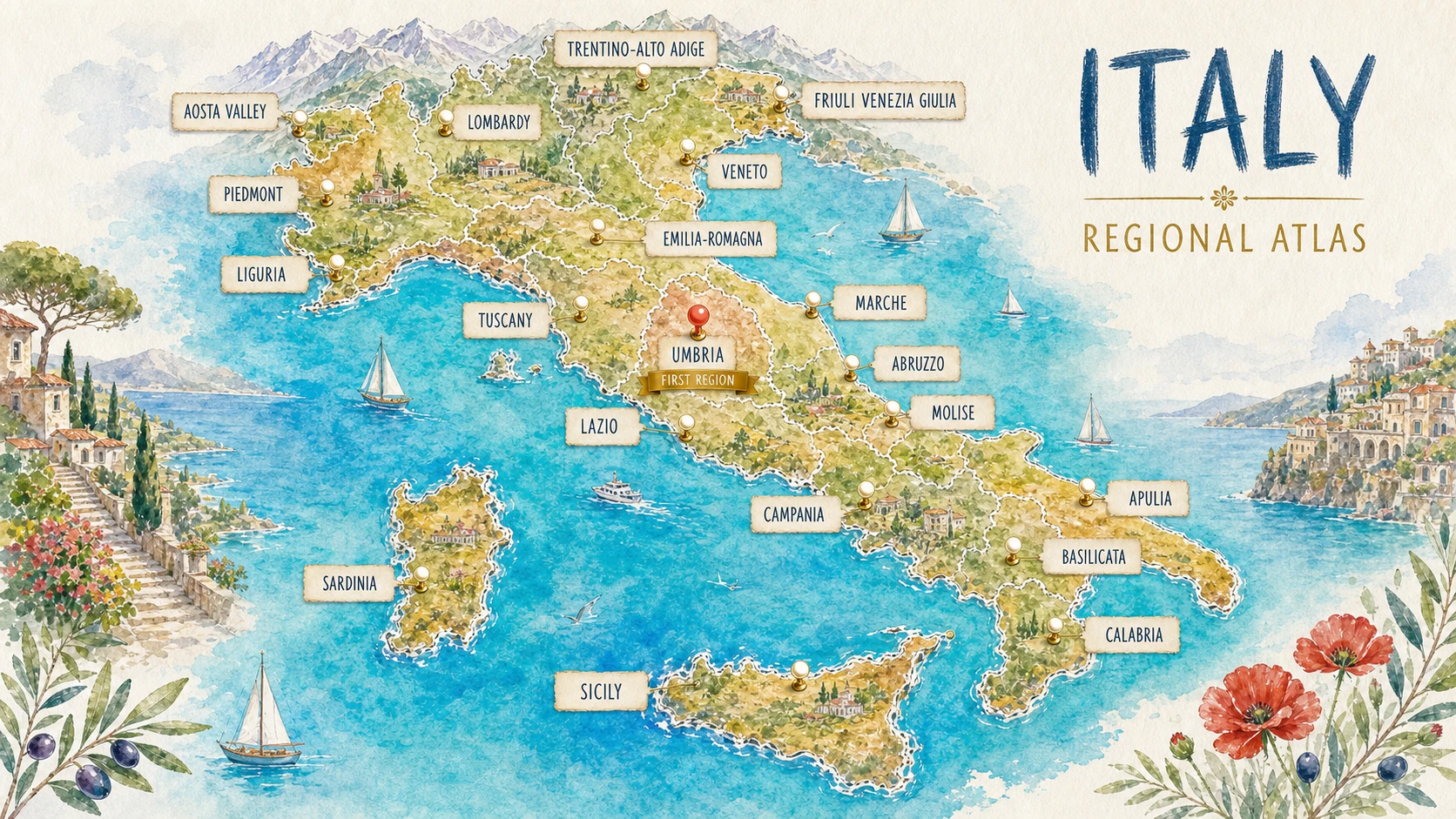 Painted map of Italy divided into its twenty regions