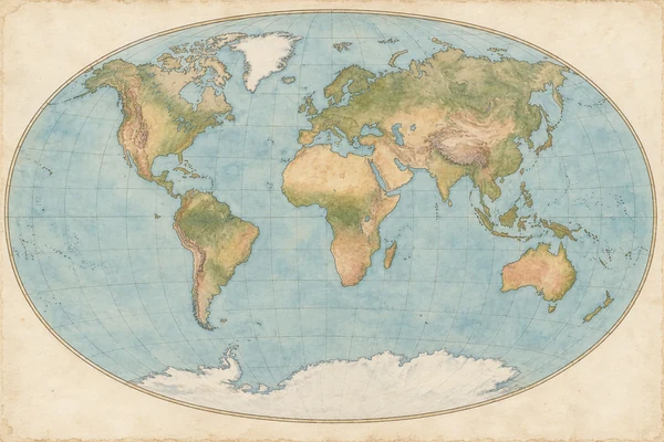 Watercolour world map inspired by nineteenth-century atlases