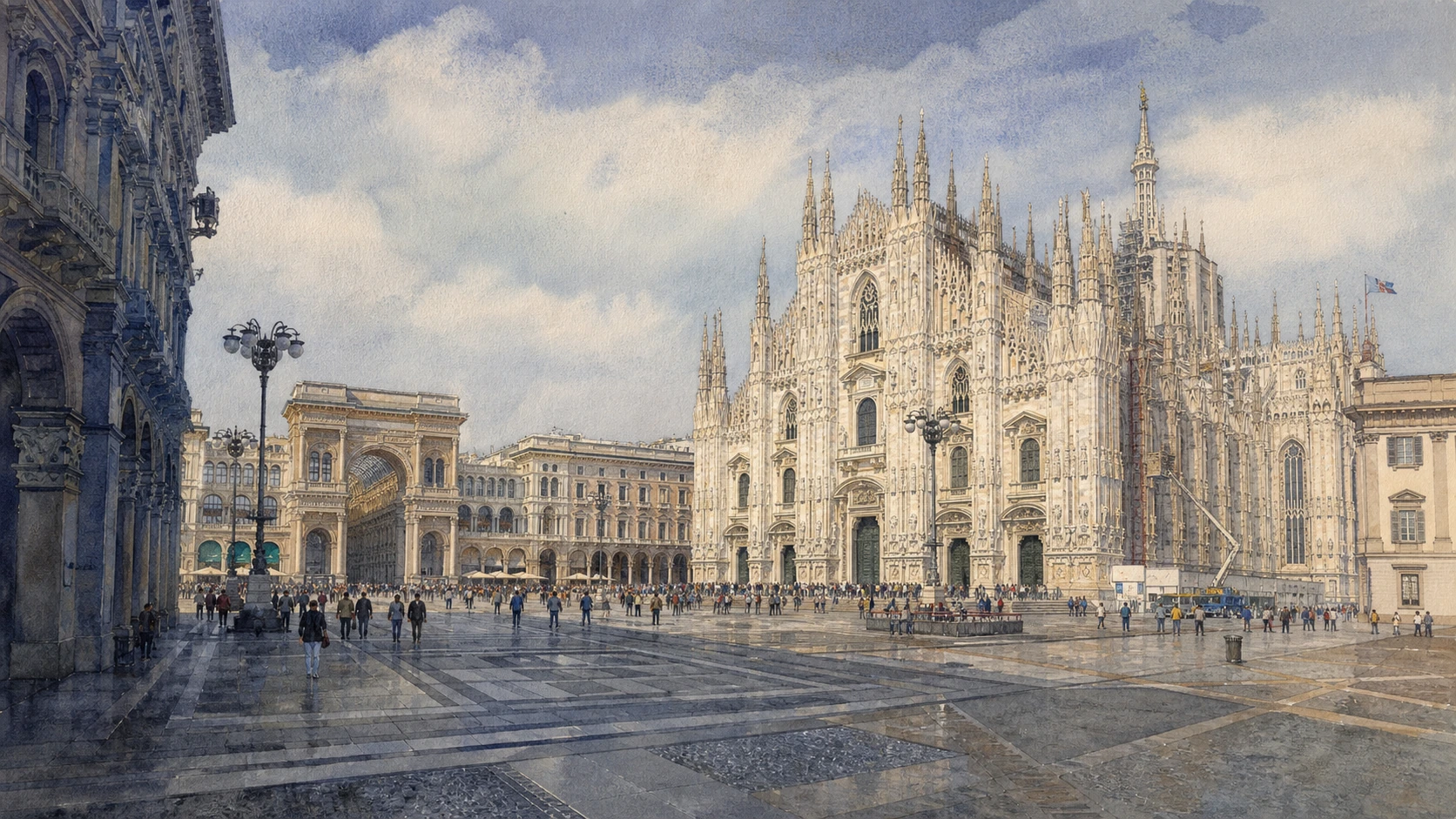 Original documentary watercolour panorama for Milan Duomo, Galleria and Civic Centre: Complete Guide, with accurate Lombardy architecture, landscape and lived context