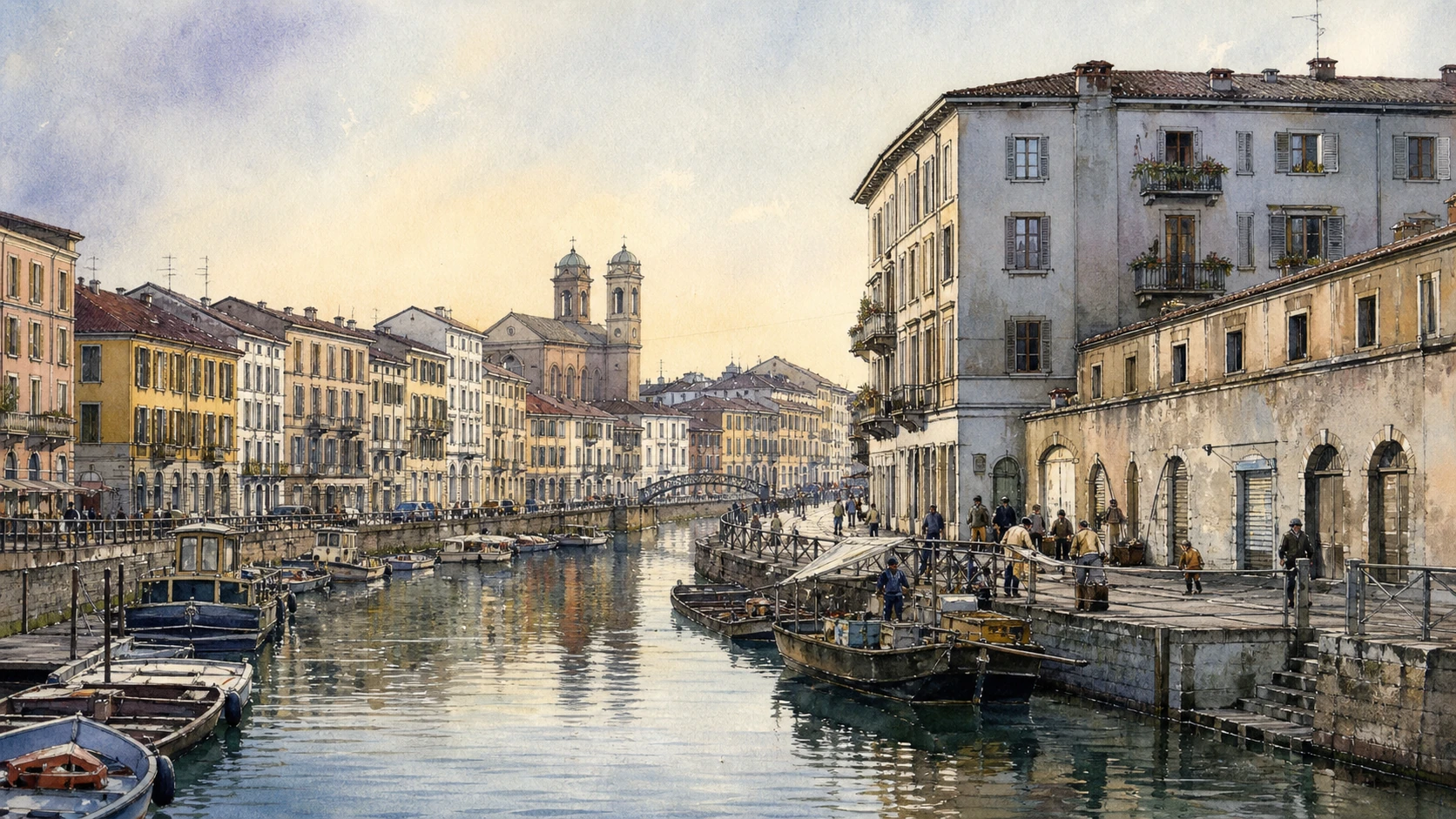 Original documentary watercolour panorama for Milan Navigli, Darsena and the Water City: Complete Guide, with accurate Lombardy architecture, landscape and lived context