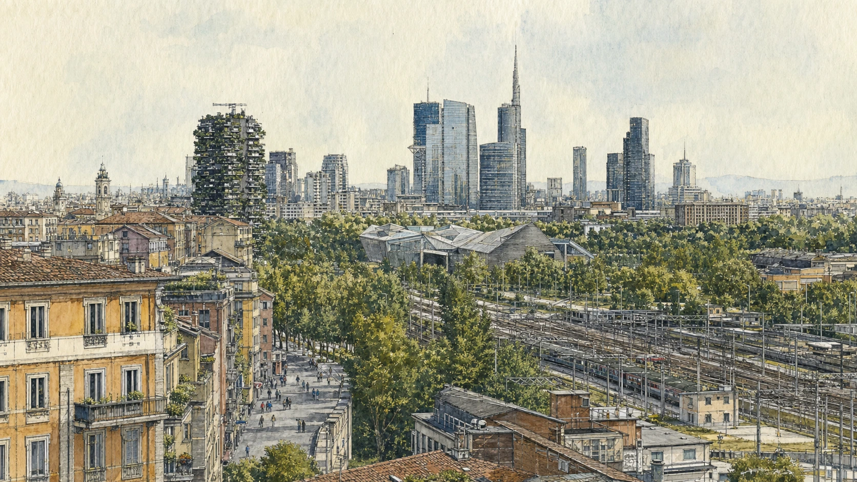 Original documentary watercolour panorama for Milan Porta Nuova, Isola and the Railway Metropolis: Complete Guide, with accurate Lombardy architecture, landscape and lived context