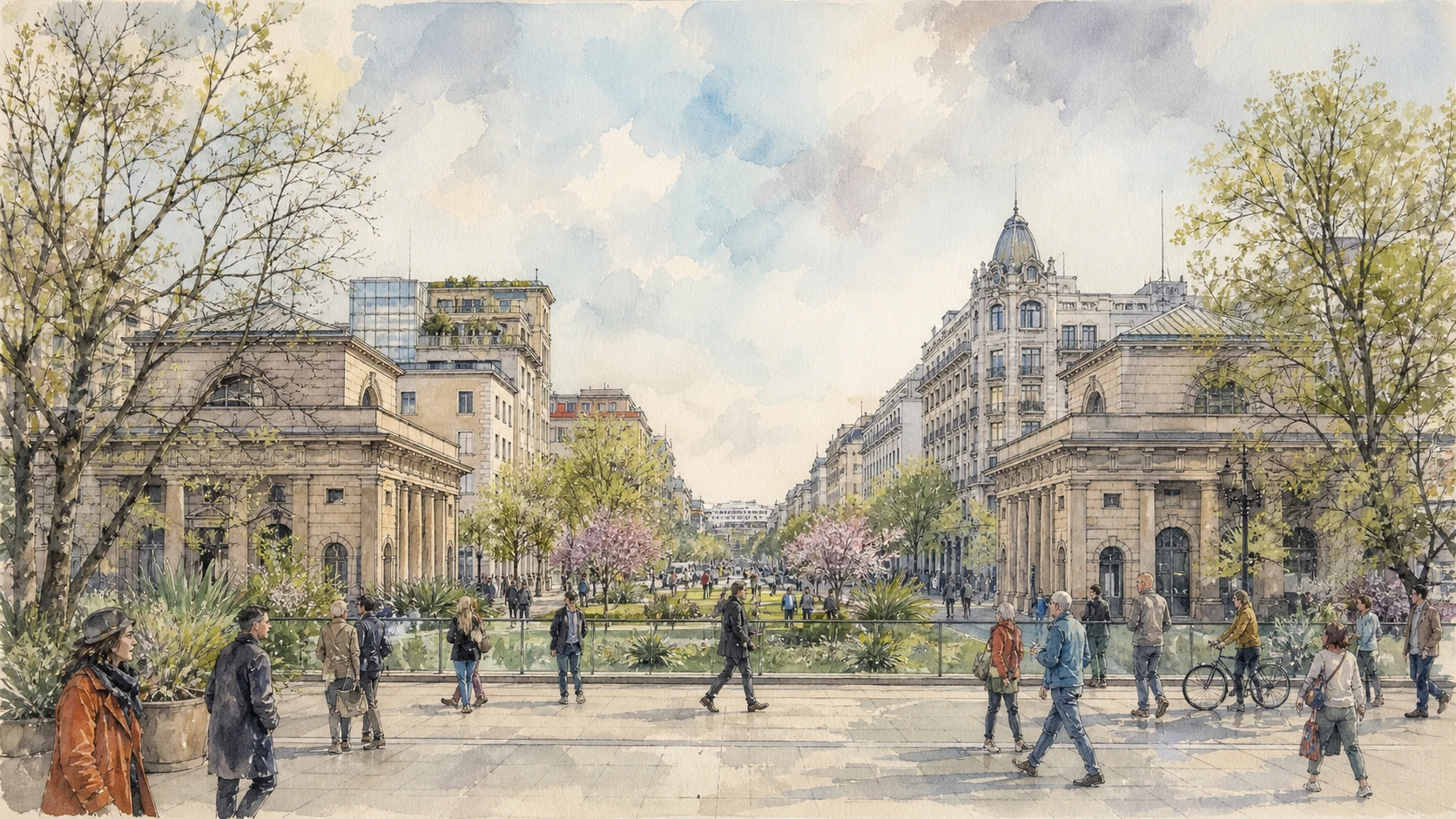 Original documentary watercolour panorama for Milan Porta Venezia and the Modern Bourgeois City: Complete Guide, with accurate Lombardy architecture, landscape and lived context