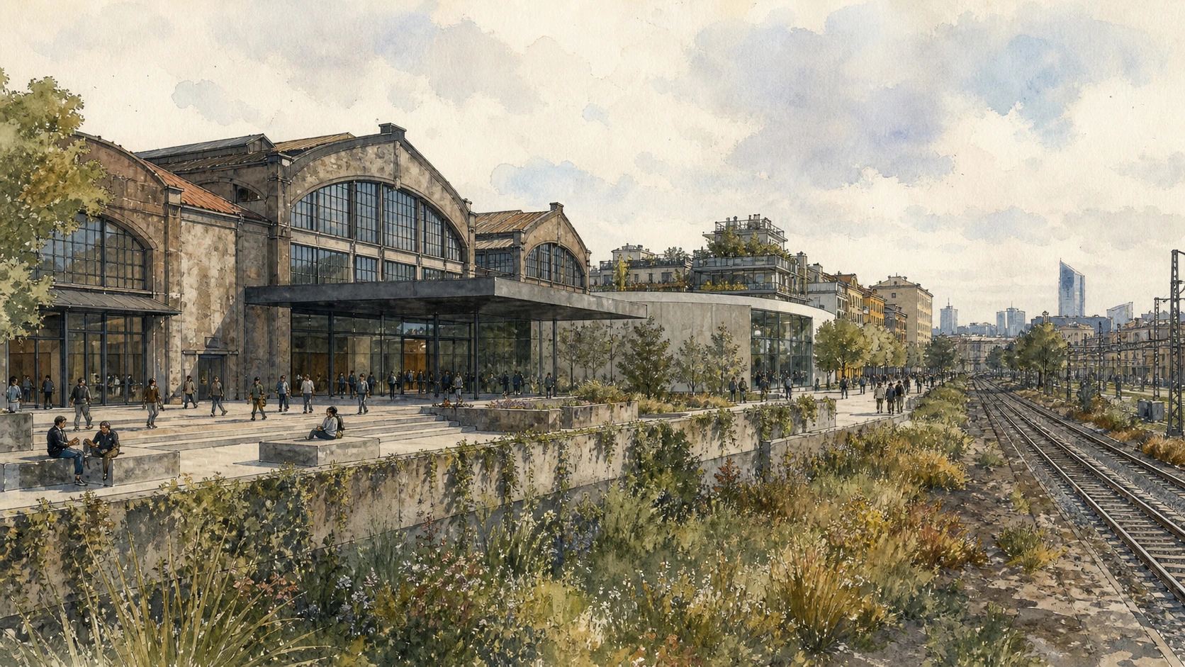 Original documentary watercolour panorama for Milan Tortona, MUDEC, Design and Industrial Memory: Complete Guide, with accurate Lombardy architecture, landscape and lived context