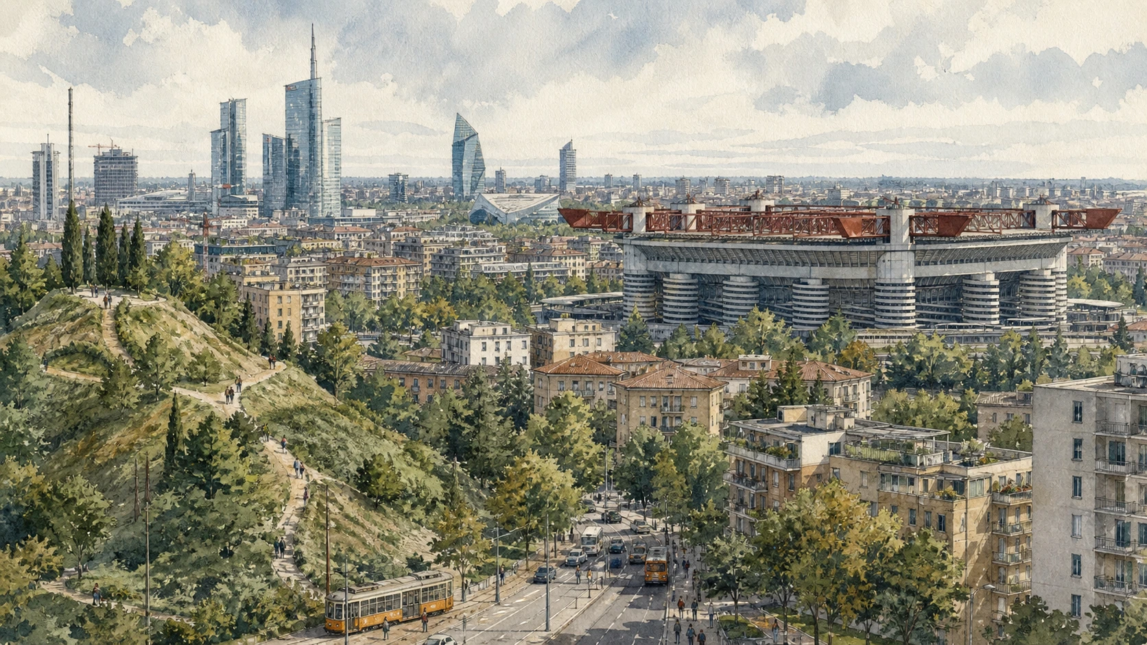 Original documentary watercolour panorama for Milan CityLife, QT8, San Siro and Western City: Complete Guide, with accurate Lombardy architecture, landscape and lived context
