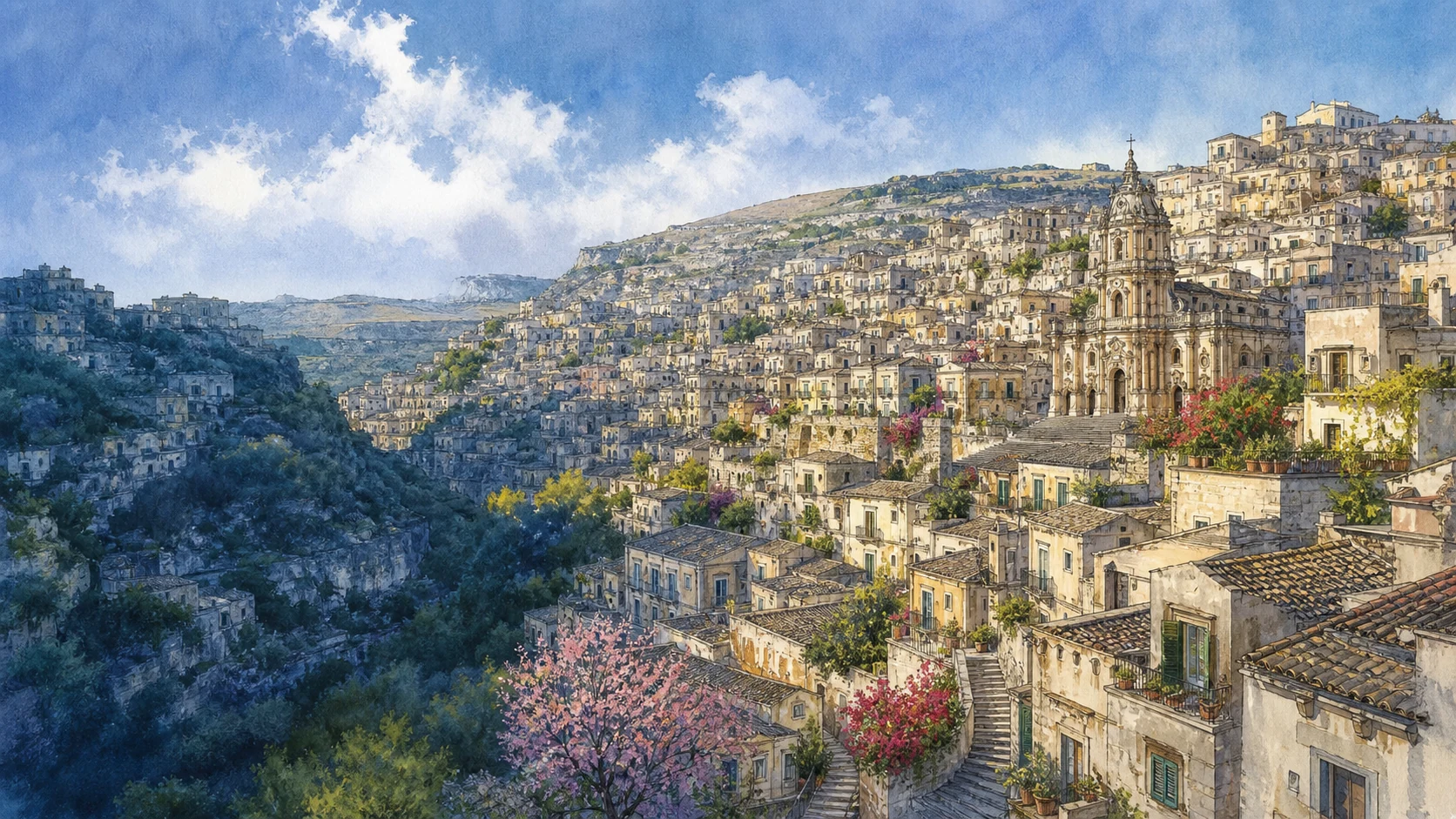 Documentary watercolour panorama of Modica rising on limestone slopes, with San Giorgio, dense pale houses, stairs, terraces and the Hyblaean ravines