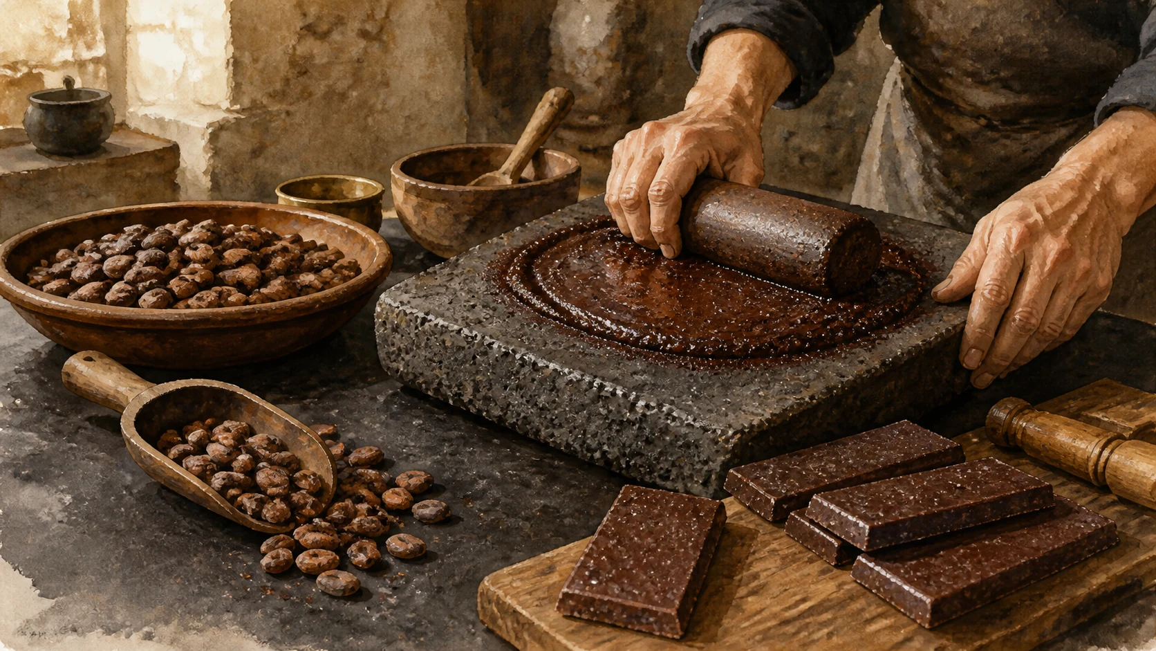 Documentary watercolour of a Modica chocolate workshop with cocoa beans, stone grinding surface, artisan hands and grainy unwrapped chocolate bars
